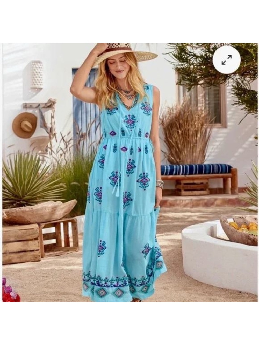 Sundance Turquoise Embroidered V-Neck Maxi Dress